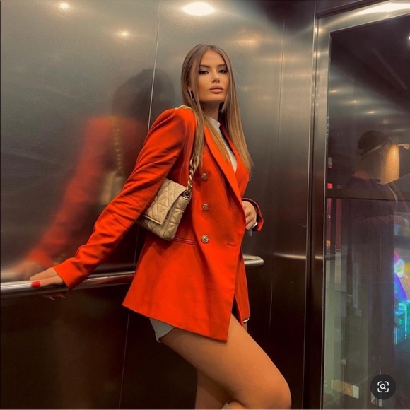 Zara Bright Red Orange Double Breasted Blazer - Picture 2 of 11